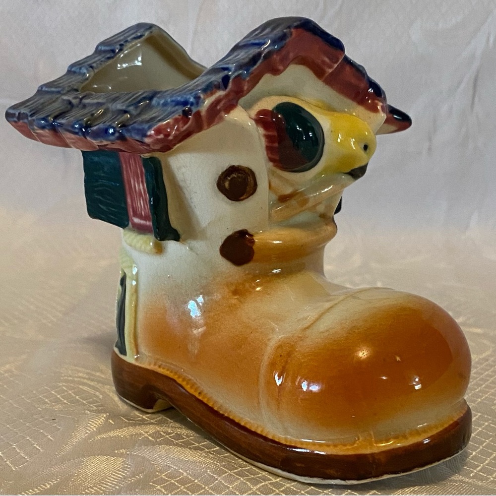 Vintage Ceramic Shoe House with Bird Planter